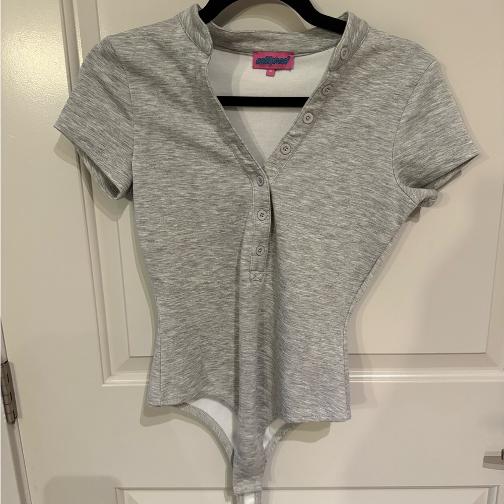 Edikted Light Gray Short Sleeve Henley Bodysuit
